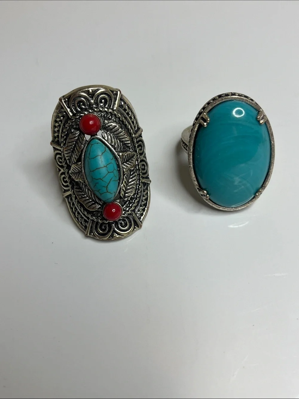 Turquoise and Coral Accent Silver Rings - Teal Blue Statement Jewelry
